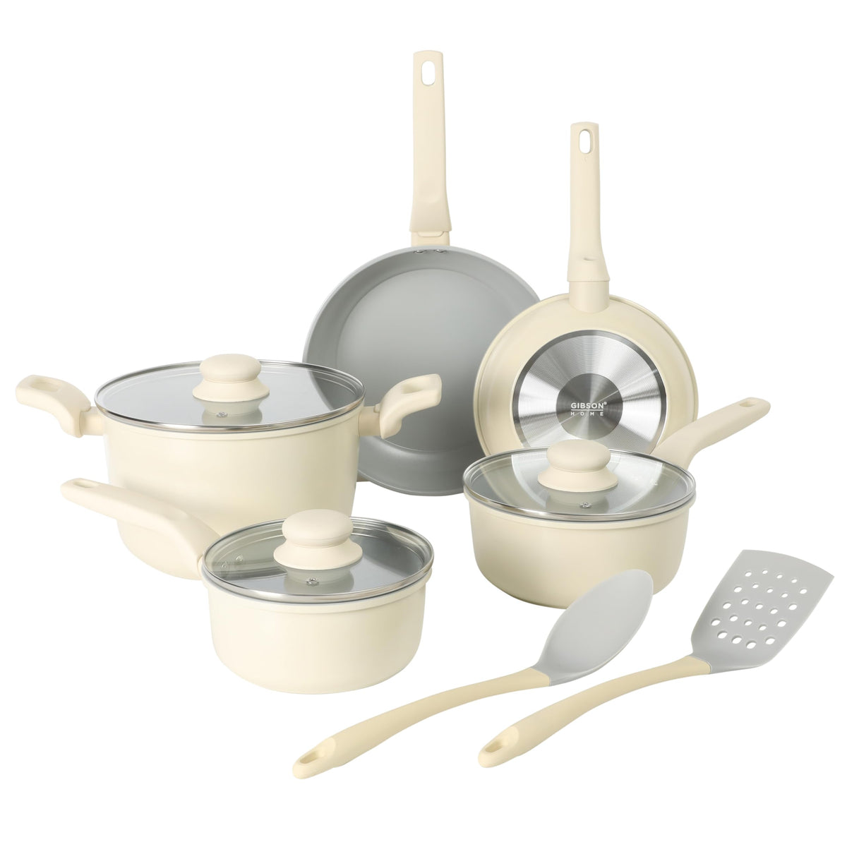 Gibson Home Barnsdall 10 Piece Premium PFA Free Ceramic Nonstick Pots and Pans Aluminum Induction Cookware Set W/Kitchen Tools - Linen White/Grey Non Stick